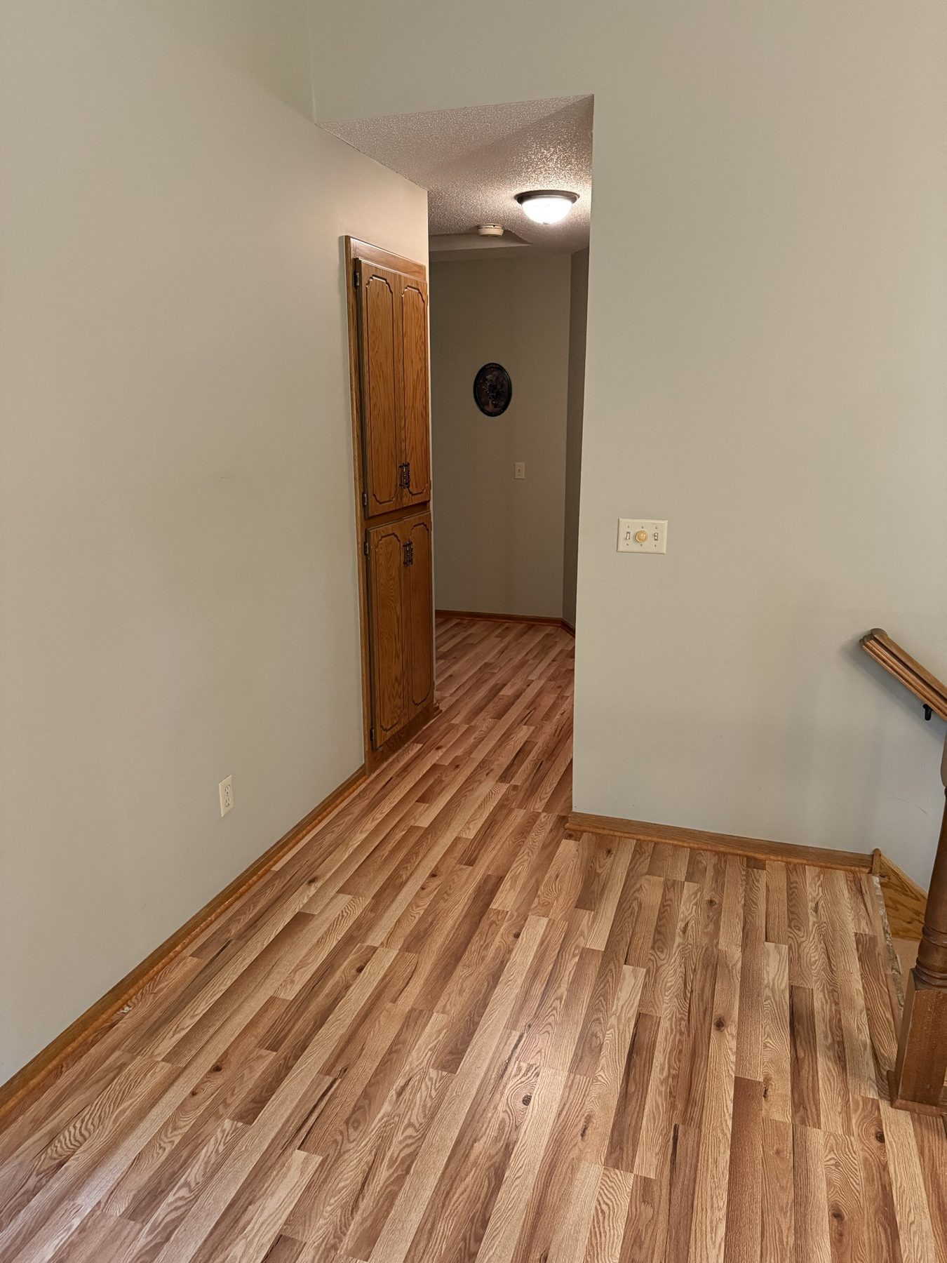 Finished laminate plank flooring running down the hallway and through the doorway